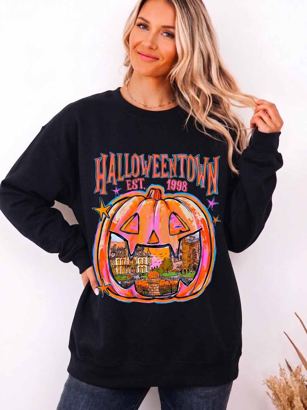 Retro Halloweentown Est 1998 Pumpkin Town Black Crewneck Sweatshirt - Picture 2 of 3